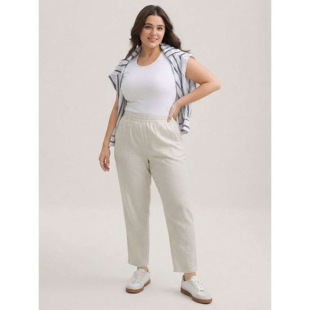 NEW Old Navy Linen Blend Pull On Pants XL Beige White Stripe Ankle NWT 4 Pockets